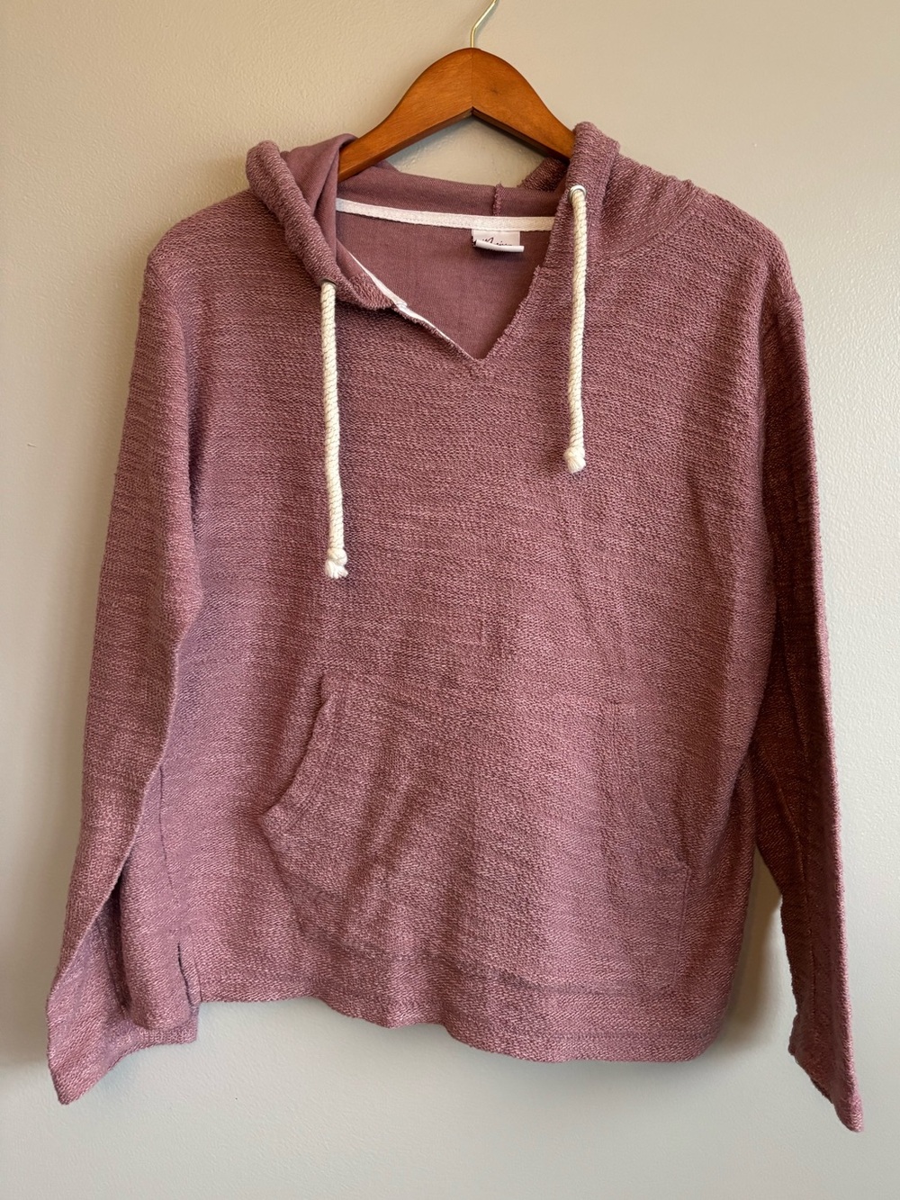 Marissa Rose Textured Pullover Hoodie V-Neck Drawstring Mauve/Musty Dusty Rose L